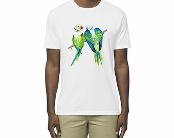 Lightweight unisex vegan t-shirt. 2 parakeets printed in France. Eco-responsible organic cotton t-shirt. Eco chic. Gift for him. Gift for her