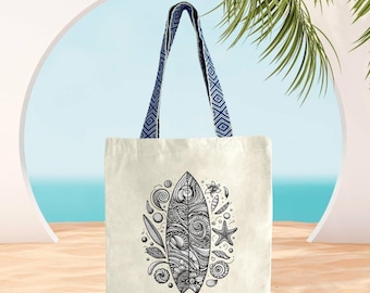 Ethnic totebag in recycled cotton and polyester with surfboard printed in France | For the beach or shopping, a practical and cool bag.