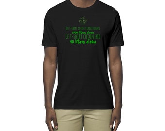 Camiseta ligera unisex de algodón orgánico con un eslogan impactante. 40L de agua para una camiseta de algodón orgánico. 2700L para algodón tradicional