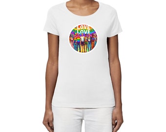 Camiseta de mujer de algodón orgánico. Love is love estampado en el frente en colores LGBTQIA. Ropa eco-responsable, sostenible y ética.