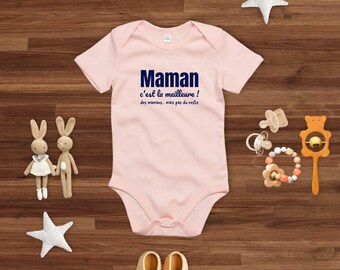 Ethical baby bodysuit. Humorous slogan about mom. Printed in France on demand. G.O.T.S certified, soft and eco-friendly, in white, pink and blue