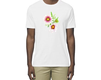 Lightweight men&#39;s and women&#39;s t-shirts, 100% organic cotton. Pretty gazania flower printed on demand. Sustainable and eco-responsible t-shirt.
