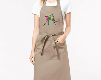 Premium Organic Vegan Kitchen Apron with 3 Parakeets Print | Ethically and Sustainable Manufacturing in France | Print on Demand