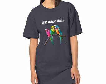 Vestido camiseta de mujer LGBT en algodón orgánico, vestido vegano. Amor sin límites. 3 periquitos impresos en Francia. Regalo para ella.