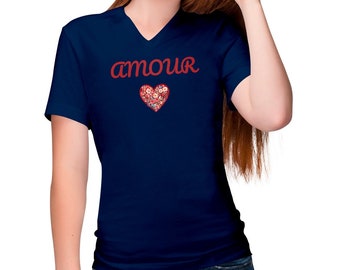 Women's organic cotton v-neck t-shirt - love, flowery heart. Floral Elegance for Her. Chic Casual. Ethical Fashion. Women's Top