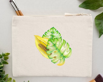 Recyceltes Federmäppchen, Münztäschchen oder Make-up-Tasche. Gedruckt auf Anfrage. Monstera deliciosa-Blume. Umweltbewusster Beutel.