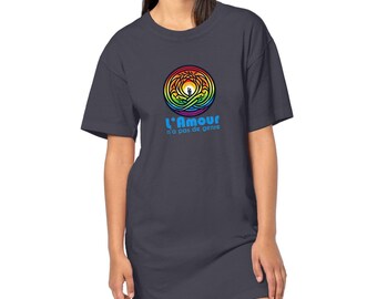 Vestido camiseta de mujer 100% algodón orgánico. ¡El amor no tiene género! Vestido ecológico. Por orgullo, inclusión y solidaridad.