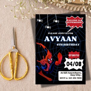 Editable Spiderman Birthday Invitation Template , Printable Birthday Party Invite , Super Kids Party Invite, 5x7, Canva