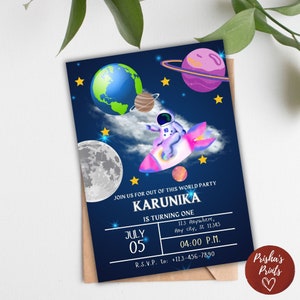 Modèle modifiable d'invitation d'anniversaire dans l'espace, invitations de fête d'anniversaire imprimables, invitation à une fête d'astronaute fusée planètes, 5 x 7, toile