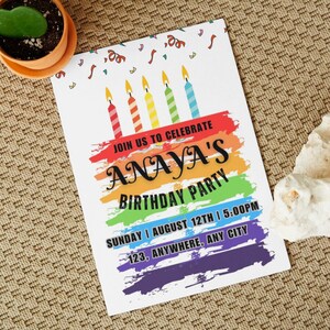 Modèle modifiable d&#39;invitation d&#39;anniversaire de gâteau arc-en-ciel, invitation imprimable de partie d&#39;arc-en-ciel, 5 x 7, toile