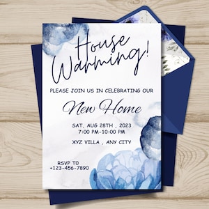 House Warming Blue Navy Flowers Invitation Printable , New Home Open House Party Invite Editable Canva Template