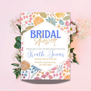 Editable Bridal Shower Invitation Template, Floral Bridal shower Invitation printable, Boho bridal shower, Canva Instant Download