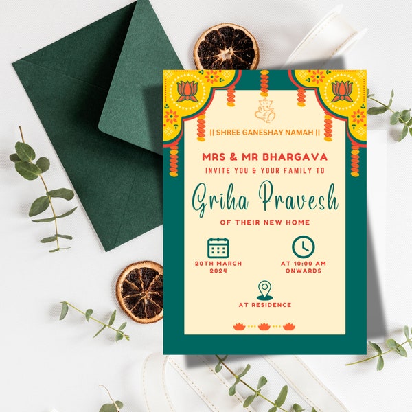Editable Griha Pravesh invitation, Printable Gruhapravesam invite, Indian housewarming pooja invitation, Digital Canva template
