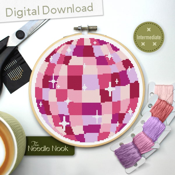 Pink Disco Ball Cross Stitch Pattern - Digital Download - DIY Craft - Wall Decor - Gift for Her - Art Decoration - Mirrorball Pink DIY Y2K