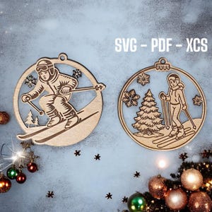 Ontwerp kerstballen skiër en skiër - Nieuwe Kerstmis 2024 - Lasergesneden bestand PDF, SVG, XCS - Direct downloaden