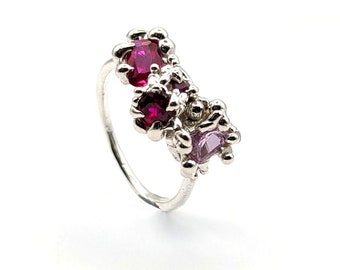 Organic bubble jewel cluster ring. Recycled sterling silver unique jewellery. Pink gemstones. One of a kind cast in place stones.