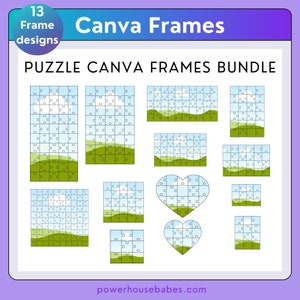 Könnte beinhalten: Ein Set mit 13 Canva-Rahmen mit einem Puzzle-Design mit blauem Himmel, weißen Wolken und grünen Hügeln. Die Rahmen sind in verschiedenen Formen und Größen, darunter quadratisch, rechteckig und herzförmig.