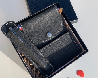 Coffret cadeau maroquinerie porte monnaie étui à stylo porte carte en cuir noir grainé saint Valentin fabrication française