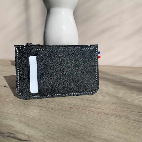 Porte Monnaie et Cartes / Cuir Noir Grainé / Fermeture éclair / Rangement Cartes / Maroquinerie Française / Homme / Femme