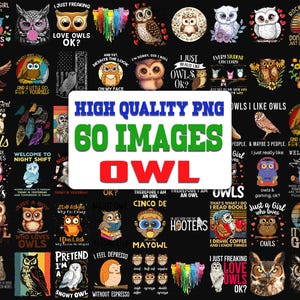 60 Cute Owl Png, Whimsical Owl Png, Cartoon Owl Png, Wise Owl Png, Owl Clipart Bundle, Owl PNG Pack, Night Owl Retro Animal Design.