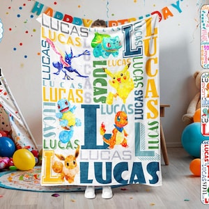 Personalizowany koc Pocket Monsters, spersonalizowany koc z kreskówek, koc z kreskówek, prezenty urodzinowe, spersonalizowany koc z imieniem, koc dla chłopca i dziewczynki