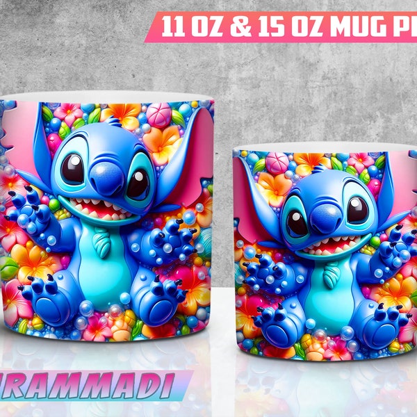 3D mignon bleu extraterrestre floral 11 oz et 15 oz Mug Wrap PNG, personnage Mug Floral PNG sublimation, dessin animé gobelet Wrap modèle téléchargement numérique