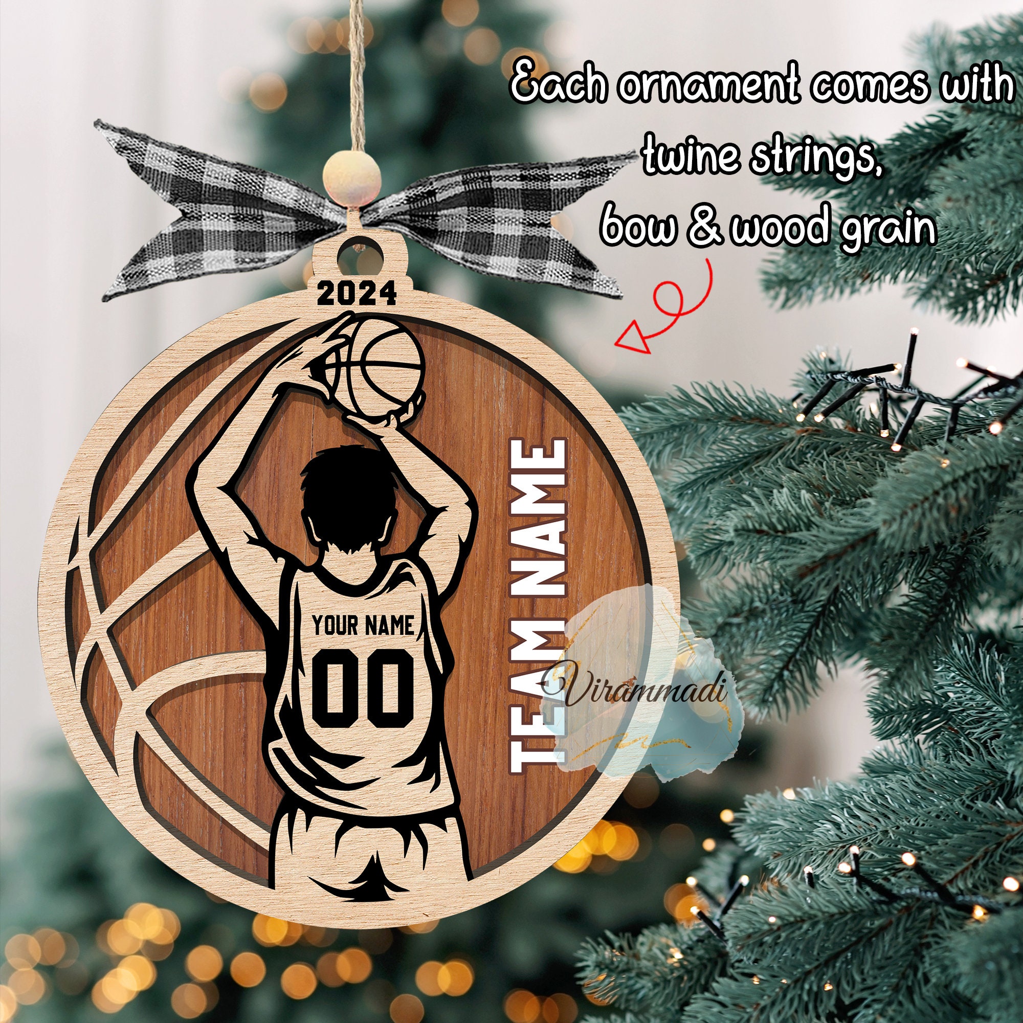 Personalized 3D Basketball Ornament, Custom Basketball Player Ornament, Engraved Wooden Sports, Christmas Gifts for Coach, Jersey 0rnament