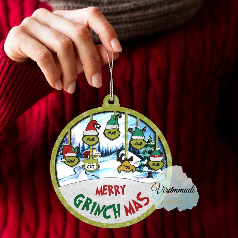 Personalized Family and Pet Christmas Ornament, Merry Grinhmas, Mean
