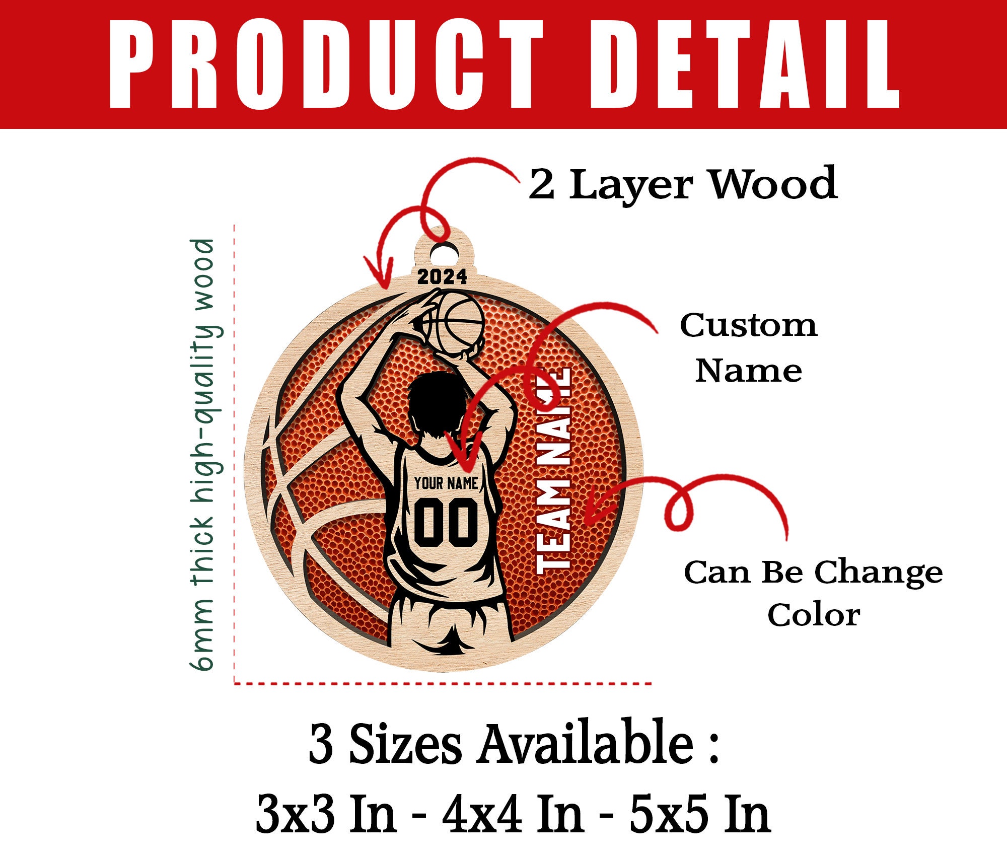 Personalized 3D Basketball Ornament, Custom Basketball Player Ornament, Engraved Wooden Sports, Christmas Gifts for Coach, Jersey 0rnament