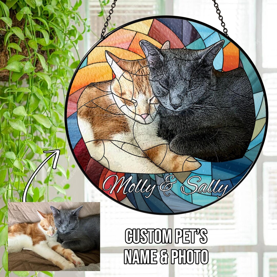 Custom Cat Art Suncatcher Stained Glass, Black Cat Glass Art, Tabby Cat ...