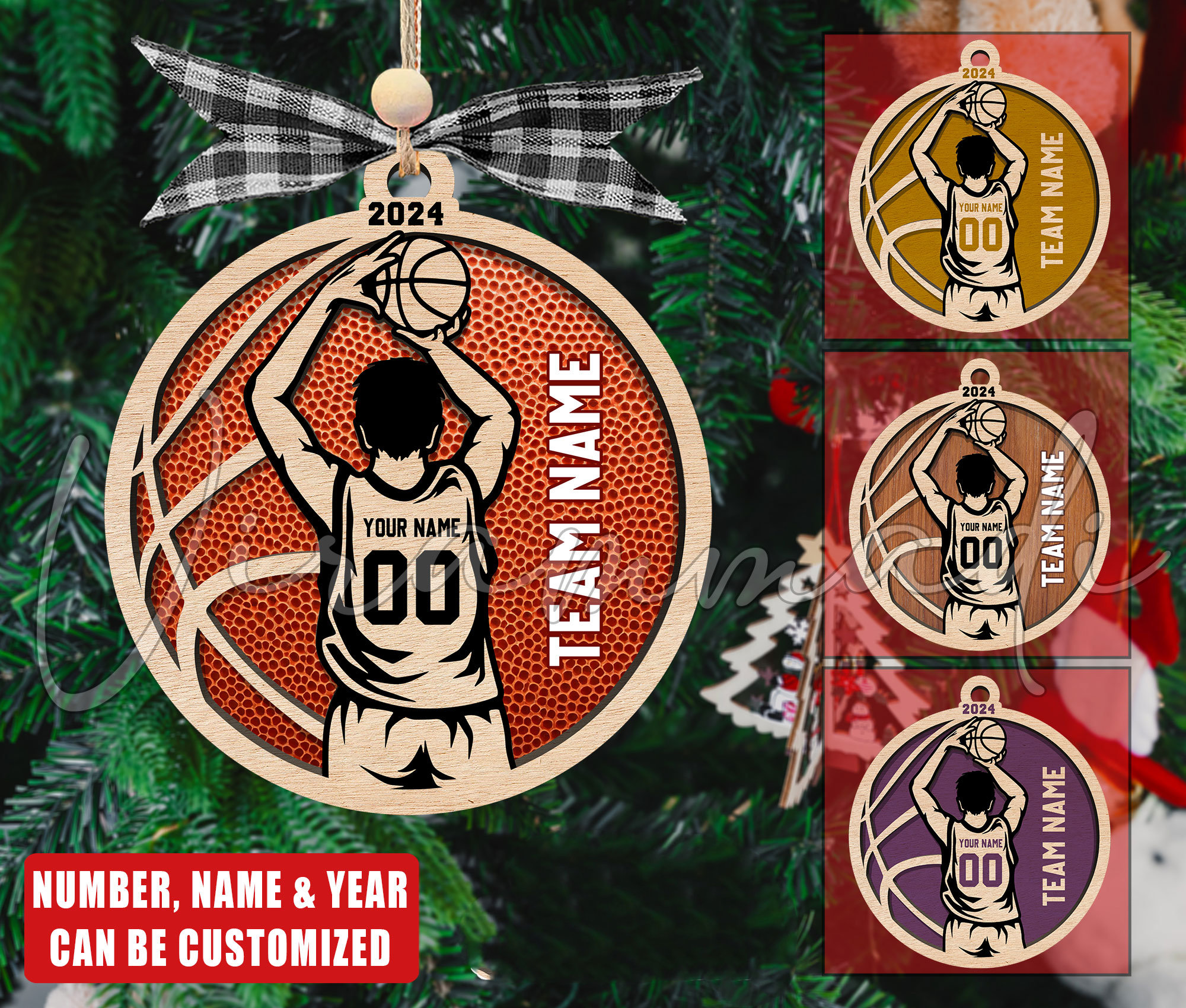 Personalized 3D Basketball Ornament, Custom Basketball Player Ornament, Engraved Wooden Sports, Christmas Gifts for Coach, Jersey 0rnament