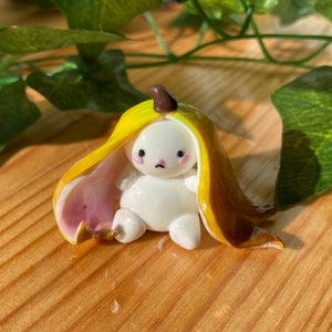 Banana Bunny Desk Friend / Cute Handmade Polymer Clay Kawaii Cottagecore Charm Figurine