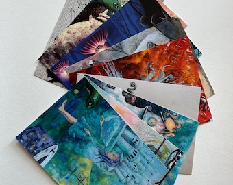 May include: A set of eight illustrated postcards featuring various whimsical and surreal scenes. The cards are printed on high-quality cardstock and feature vibrant colors and intricate details.