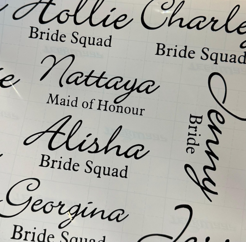 May include: A set of black vinyl stickers with names and titles for a wedding party. The names include Hollie, Nattaya, Alisha, Georgina, and Jenny. The titles include Bride Squad, Maid of Honour, and Bride.