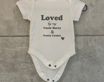 Personalised baby grow | Baby announcement gift | Loved by Uncle and Aunty Auntie | New baby | 3-6 months | new born suprise present