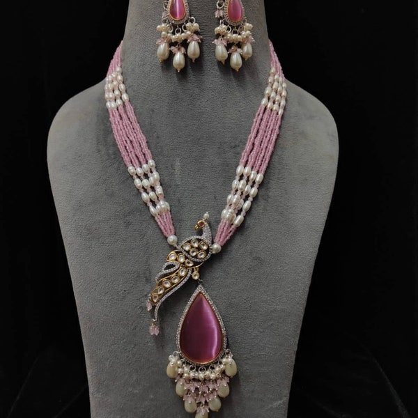 Sabyasachi Inspired Gray-Pink-Mint Peacock Design Kundan Necklace Set/Designer Indian Jewelry Set/Uncut Kundan Diamond Set/Indian Bridal set