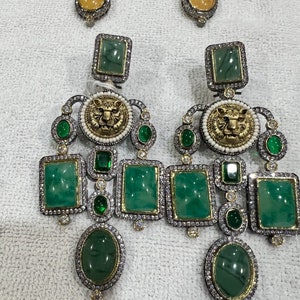 Sabyasachi Inspired Victorian Emerald Green Zirconium Diamond Long Earrings/Pakistani Earrings/Pakistani Indian Chaandbalis/Long Earrings/