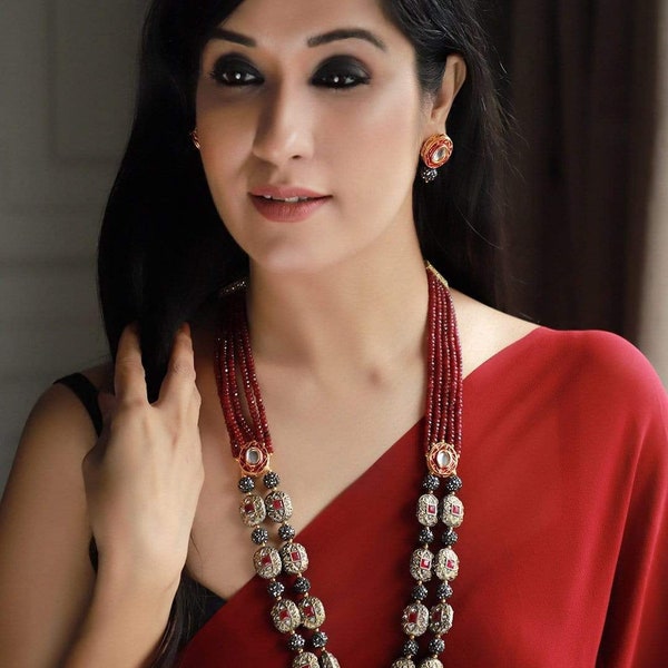 Red Onyx And Pearls Necklace / Pink Onyx Multistrand Necklace / Bollywood / Ethenic Jewelry / Indian Jewelry