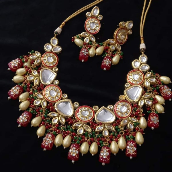 Long Polki Necklace - Pakistani Jewelry - Kundan Necklace Set w/Earrings - Indian Wedding Bridal Jewelry - Semiprecious Gray Beaded Necklace