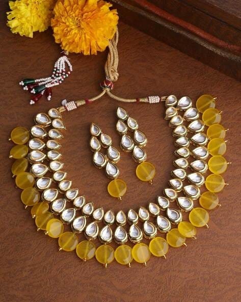 Yellow colour necklace set deals