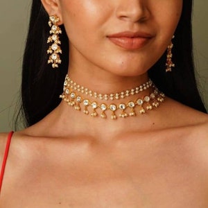 Dainty Kundan Pearl Choker Necklace With Earrings/Elegant Kundan Set/Minimalist Jadau Polki Kundan Set/Pearl Choker/Kundan Choker/Punjabi