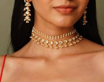 Dainty Kundan Pearl Choker Necklace With Earrings/Elegant Kundan Set/Minimalist Jadau Polki Kundan Set/Pearl Choker/Kundan Choker/Punjabi