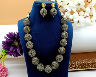 Long Polki Necklace - Pakistani Jewelry - Kundan Necklace Set w/Earrings - Indian Wedding Bridal Jewelry - Semiprecious Gray Beaded Necklace