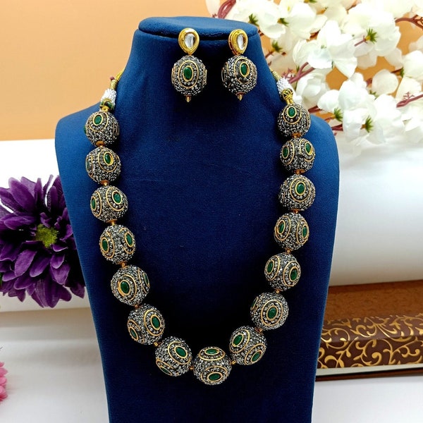 Long Polki Necklace - Pakistani Jewelry - Kundan Necklace Set w/Earrings - Indian Wedding Bridal Jewelry - Semiprecious Gray Beaded Necklace