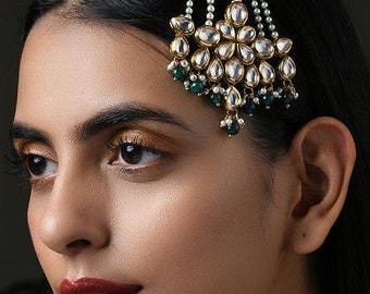 Shabnam Green Gold Plated Kundan Passa Jhoomar Gold Plated Kundan and Multicolored Stones Head Band/Hair Accessory