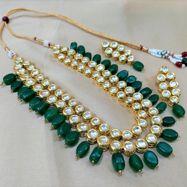 Green kundan Necklace Sabyasachi Jewelry Emerald Polki Jewelry Moissanite Polki Diamond Necklace Uncut Polki Layered Kundan Necklace