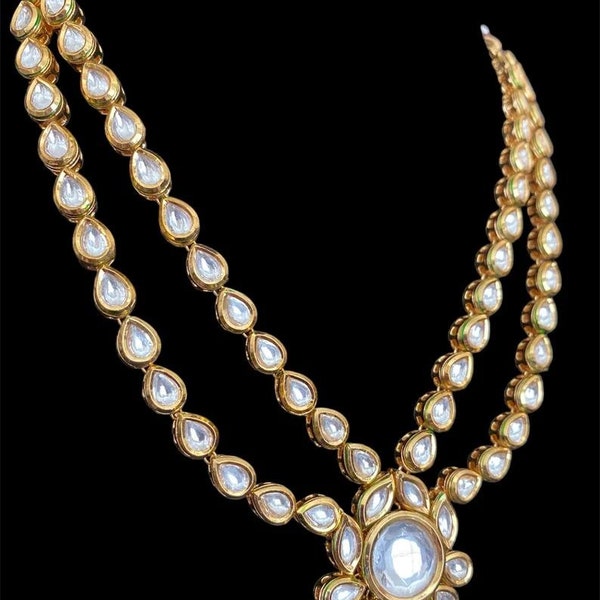 Polki Diamond Necklace Set - Jodha Akbar White Beaded Necklace - Rani Haar - Long Rajwada Necklace Set - Pakistani Jewelry - Wedding Bridal
