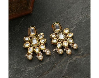 Gold Plated  Beaded Earrings Gold Plated Indian Chaandbali Earrings Sabyasachi Kundan Chandbali Earrings with Jhumka