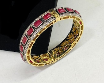 Pair of moissanite victorian dualtone bracelet|uncut polki kundan openable|sabyasacchi bangle|kada|wedding jewelry|indian|pakistani jewelry