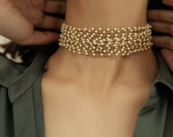 Girocollo di perle multistrato / Collana placcata in oro / Collana di pietra / Collana di perle / Gioielli indiani / Gioielli occidentali / Gioielli Sabyasachi